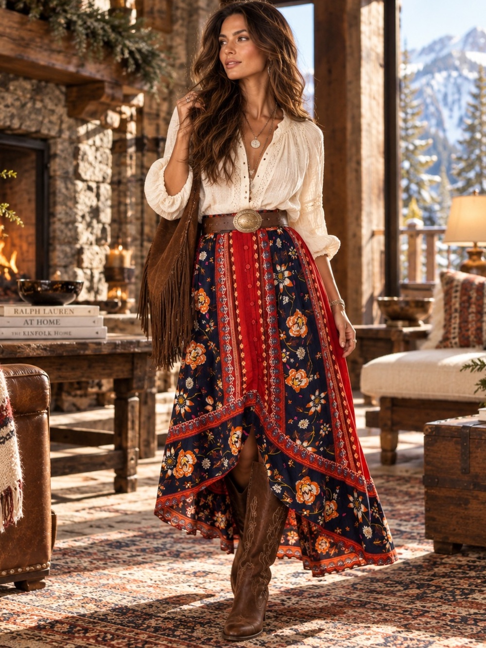 Band of Gypsies Navy & Red Floral High-Low Maxi Skirt